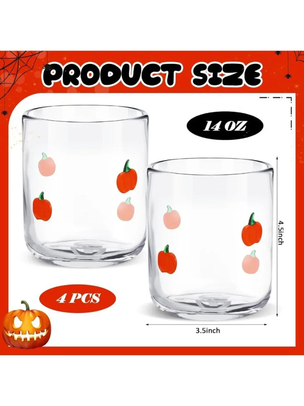 Set of 4 Pumpkin Icon Juice Glasses - Fall Decor, Halloween Drinkware, Cute